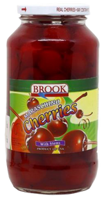 Brook Maraschino Cherries with stems in a clear jar, ready for garnishing desserts or drinks. Bright red and glossy.