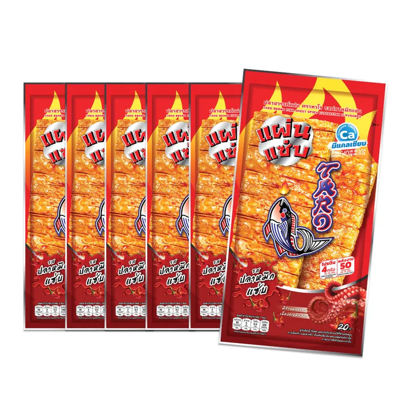 TARO spicy cuttlefish flavored fish sheets, 15g x6, showcasing crispy, seasoned fish snacks with vibrant packaging.