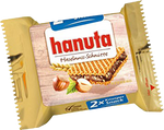 Hanuta wafer with hazelnut cream in packaging, showing the crispy wafer layers and creamy hazelnut filling.