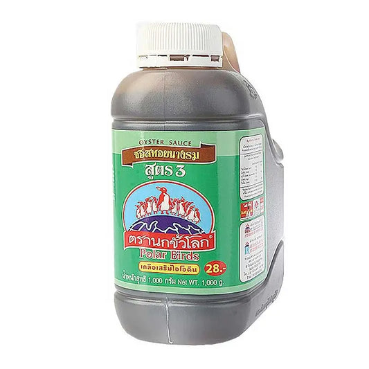 Polar Birds Oyster Sauce recipe in 3 x 1kg bottles, showcasing the bottles with labels and sauce inside.
