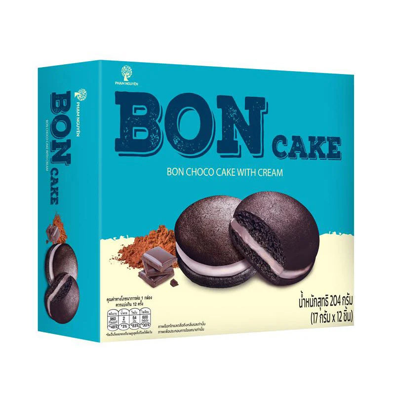 Bon Choco Cake with Cream, 17g snack bars, stacked with creamy chocolate filling and chocolate coating.