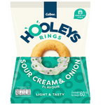 Calbee Hooleys Rings sour cream and onion flavored confectionery snacks in a colorful bag with crispy ring-shaped snacks.