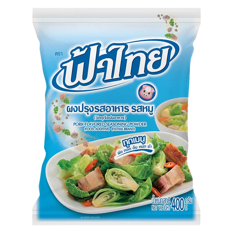 FATHAI Pork Powder 400g jar showing the powder inside, used as a seasoning or flavor enhancer in cooking.