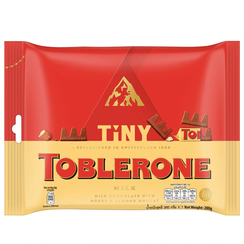 Toblerone Milk Chocolate 200g bar with distinctive triangular shape and honey-almond flavor, brand logo visible