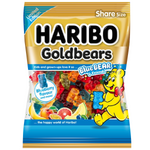 Colorful Haribo Gold Bears Blue Bear & Friends confectionery snacks featuring assorted gummy bears in bright colors and playful shapes.