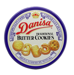Danisa Butter Cookies, golden-brown Danish confectionery snacks arranged on a plate, showcasing their classic round shape.