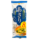 Hikari Sokuseki Nama Misoshiru Asariziru packet showing Japanese miso soup mix with rice and miso paste, in a grocery setting.