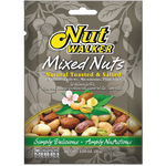 A bowl of Nut Walker toasted and salted mixed nuts, including almonds, cashews, and peanuts, on a wooden surface.