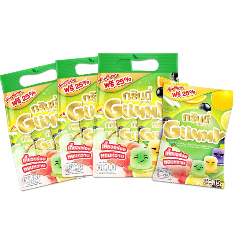 Grinny Tropical Fruits Flavour Gelatin Dessert 15g packs, 12 pieces per pack, arranged in a row for the product image.
