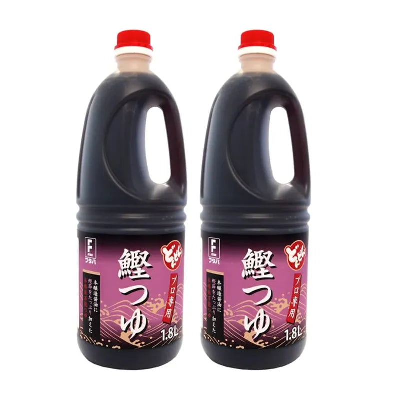 FUTABA Dashi Katsuo Tsuyu Bonito Sauce with dried bonito in 1.8L bottles, traditional Japanese seasoning for soups and dishes.