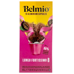 Belmio Lungo Fortissimo coffee capsules for drinks, showing a box of 10 capsules with rich coffee flavor.