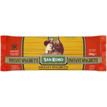 San Remo Instant Spaghetti No.3 package showing the bright yellow and red branding with the product label on a grocery shelf.
