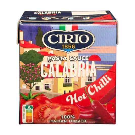 Cirio Calabria Hot Chili Pasta Sauce in a jar with red chili peppers, showcasing the spicy Italian sauce.