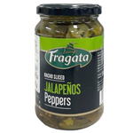 Sliced jalapenos in a jar from Fragata, packed in a clear container for grocery use, suitable for spicy dishes and toppings.