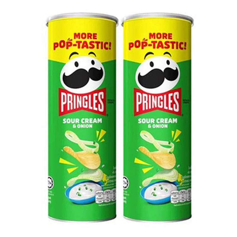 Pringles Sour Cream Chips 102g bag, stacked with crispy, ridged potato chips featuring sour cream flavor, close-up view