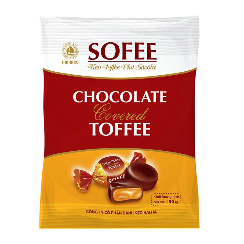 HAIHACO Sofee chocolate candy 150g pack featuring glossy, wrapped chocolates with colorful foil accents on a white background.