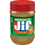 Creamy Jif Reduced Fat Peanut Butter jar, smooth texture, labeled as reduced fat, on a grocery store shelf.