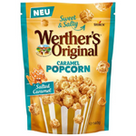 Werthers caramel popcorn with sea salt, a confectionery snack featuring crunchy popcorn coated in caramel and sprinkled with sea salt.