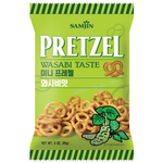 Samjin Pretzel Wasabi, spicy and crunchy confectionery snack with wasabi flavor, shown in a close-up image.