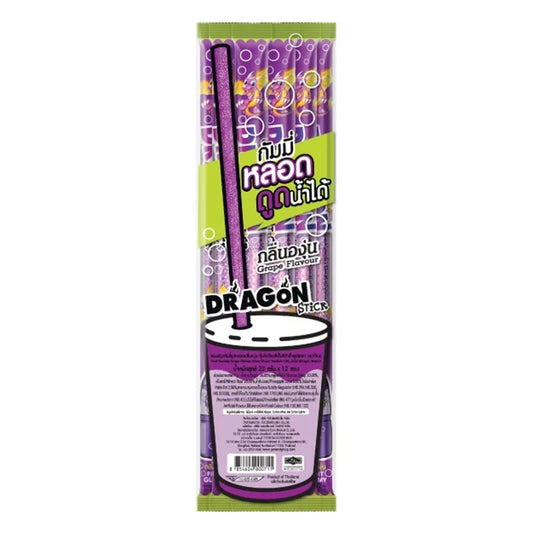Dragon Stick Grape Flavor Fruit Gummy, 22/25g, displayed in a clear bowl with colorful gummies on a white background.