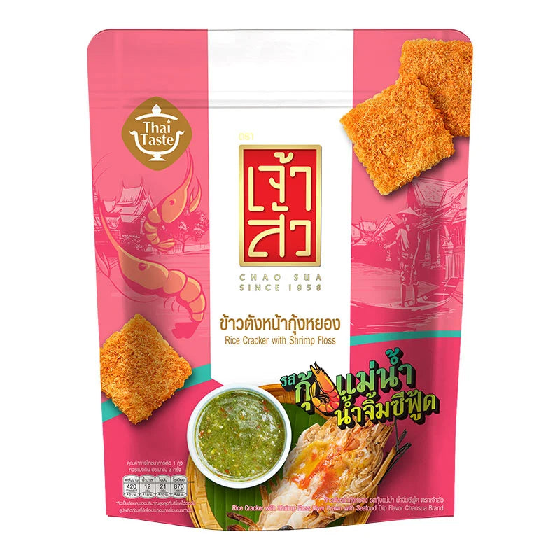 Chao Sua rice cracker with river prawn and seafood dip flavor, showing crispy rice crackers in packaging.