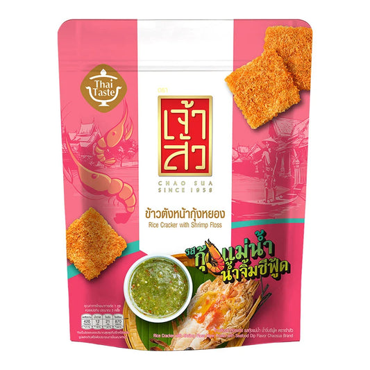 Chao Sua rice cracker with river prawn and seafood dip flavor, showing crispy rice crackers in packaging.