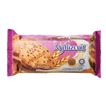 Mybizcuit Digestive Raisin Biscuit, a crunchy snack with raisins, in a clear package showing the biscuit's texture and raisins inside.