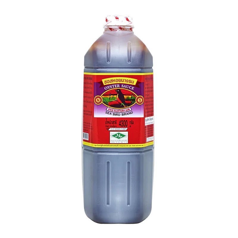 SEA BIRD Oyster Sauce 4.3L bottle with label, showcasing the dark, glossy sauce inside a clear plastic container.