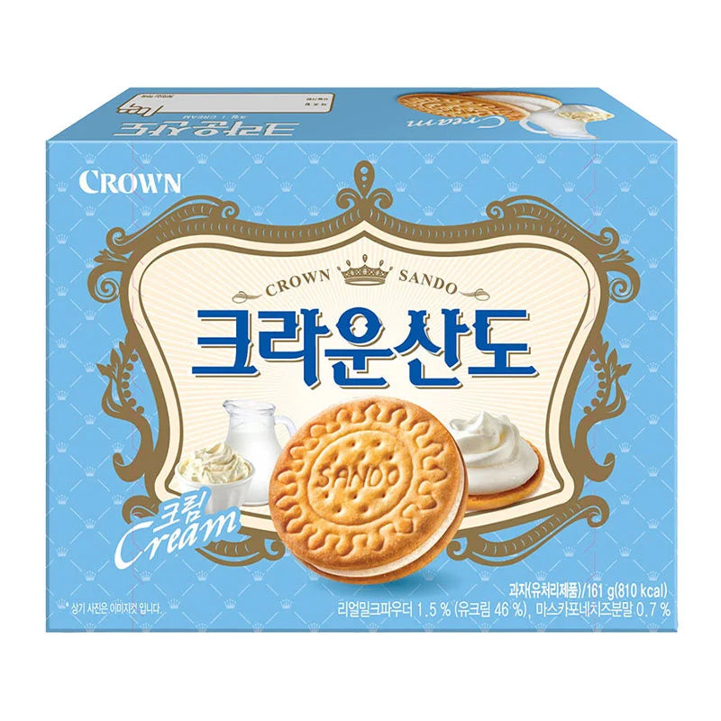 CROWN Sando Cream Biscuit 161g package showing golden biscuits with cream filling in a clear plastic wrapper.