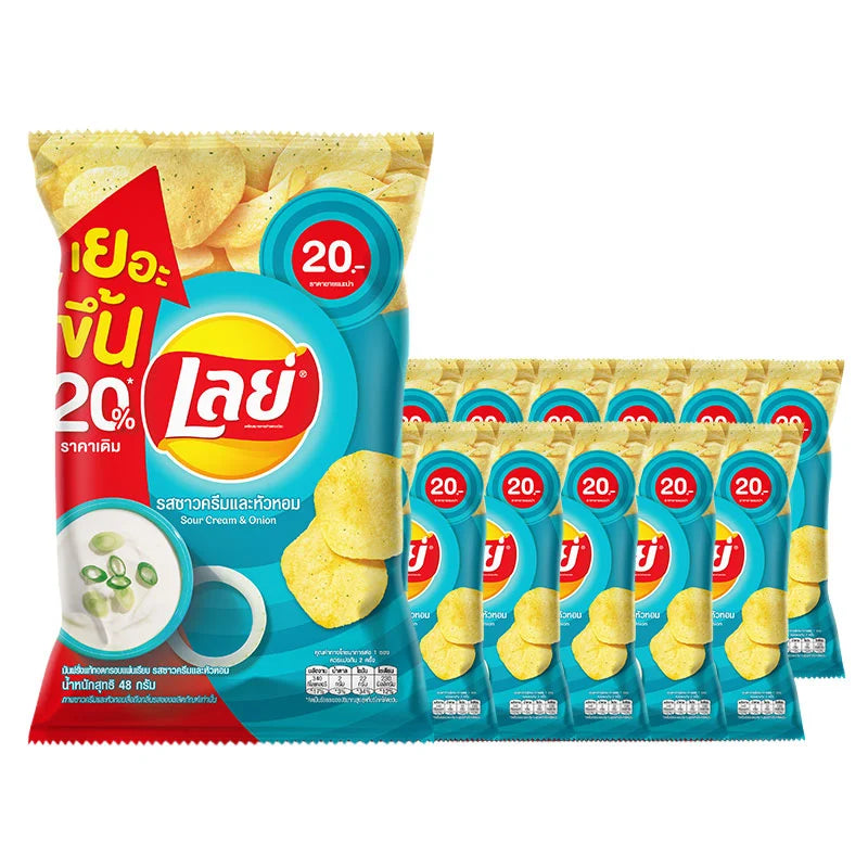 Lay's Classic Potato Chips Sour Cream & Onion flavor in 48g bags, showing a stack of crispy potato chips with sour cream and onion seasoning