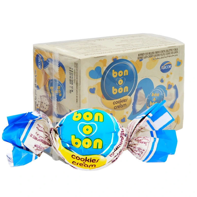 Bon O Bon Cookies & Cream chocolate candies, 14g each, in a box of 24, showing individually wrapped chocolates with cream filling.