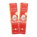Dry Ricossa Riscossa Spaghetti pasta in a clear packaging, showcasing long, thin Italian spaghetti perfect for cooking.