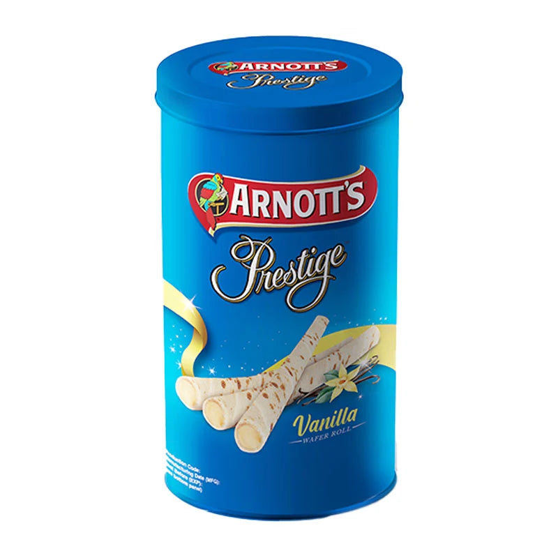 Arnott's Prestige Vanilla Wafer Rolls in 330g package, showing crispy vanilla-filled wafer snacks stacked in a clear container.