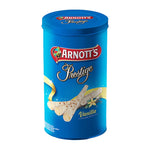 Arnotts Prestige Vanilla Wafer Roll 330g, dry snack featuring crisp vanilla-flavored wafer rolls in a clear package.