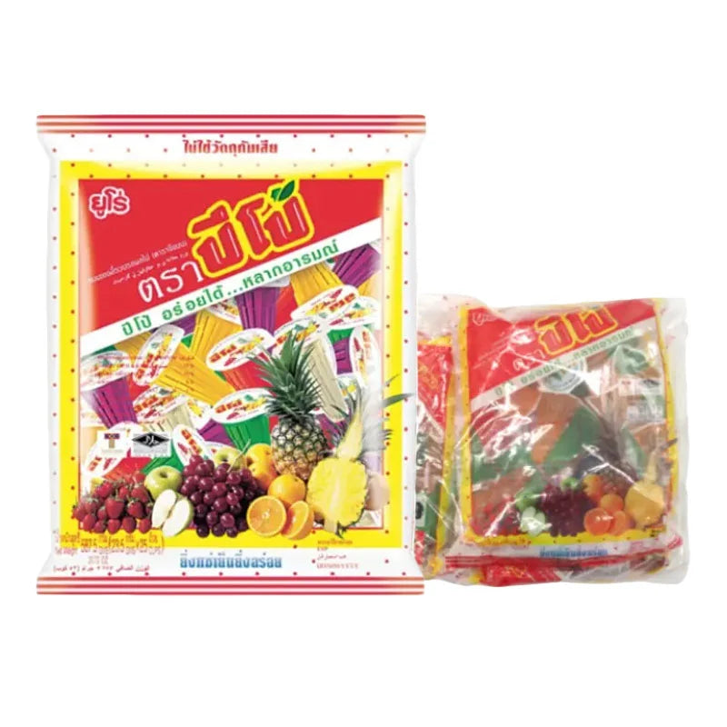 PIPO Carageenan Jelly Mixed Fruits 25-piece pack with colorful fruit-shaped jellies in clear packaging