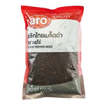 ARO Black Pepper 500g dry grocery package showing fresh black peppercorns in a clear container.