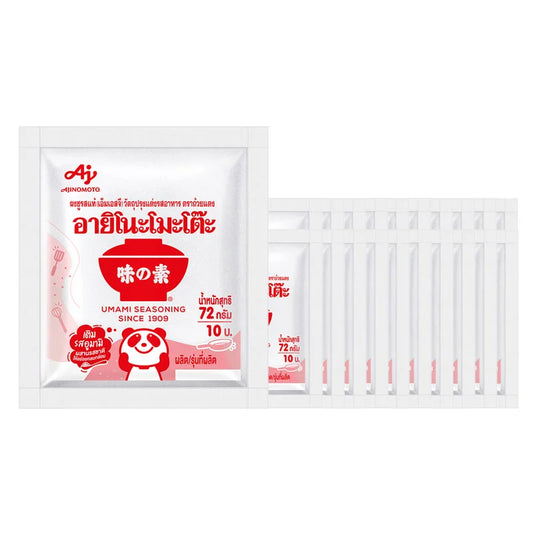 Ajinomoto MSG 72g carton, 20-pack, showing white granulated seasoning used for enhancing savory dishes.