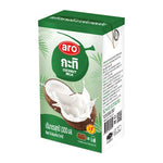 A 1-liter bottle of ARO Coconut Milk in clear packaging, labeled as dry grocery product from the ARO brand.