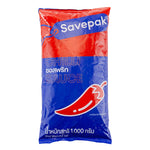 Savepak Chilli Sauce 1kg bottle, spicy dry grocery condiment with red chili peppers and bold flavor in a transparent plastic bottle.