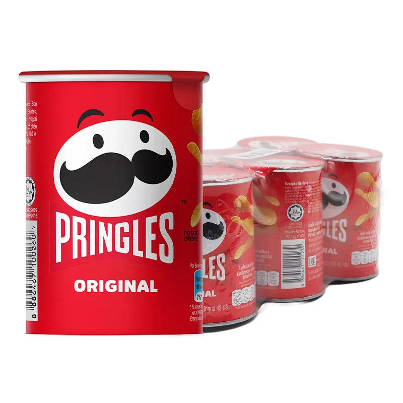 Six packs of PRINGLES Original Potato Chips in 42g bags, showing stacked crispy chips in colorful packaging.