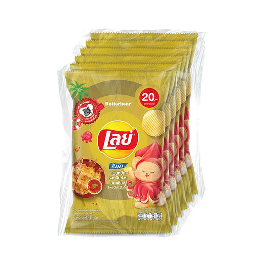 Lay's Rock Potato Chips Hot Chilli Squid flavor in 48g bags, showing colorful spicy chip packaging with a hint of chili and squid illustration.