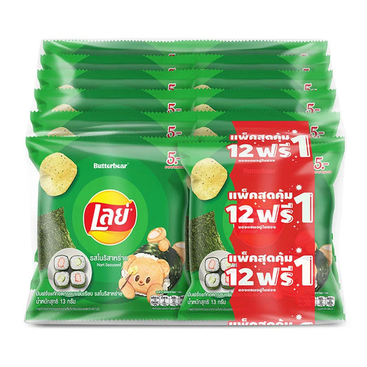 Lay's Classic Potato Chips with Nori Seaweed flavor in 13g packs, showing crispy chips with seaweed seasoning on the surface.