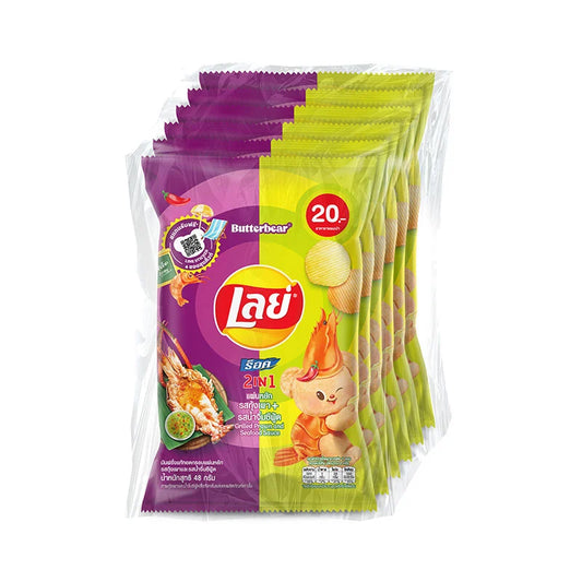 Lay's Rock Potato Chips 2-in-1 grilled prawn and seafood sauce flavor, 48g bag, with colorful packaging and chips inside.