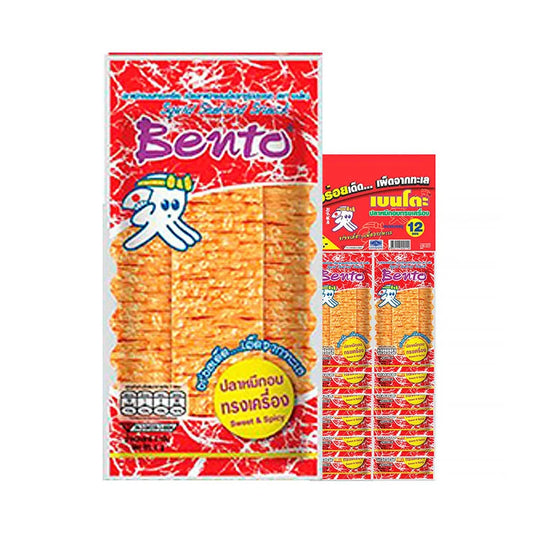 BENTO Squid Seafood Snack Sweet & Spicy, 4g, 12 pieces, crunchy seafood snack with a sweet and spicy flavor, in colorful packaging