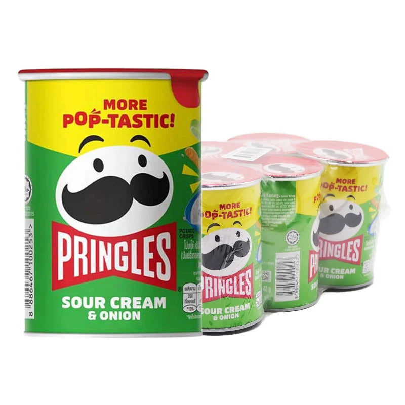 Pringles Sour Cream and Onion potato chips in a 42g pack, stacked in a box of six, showing colorful chip packaging
