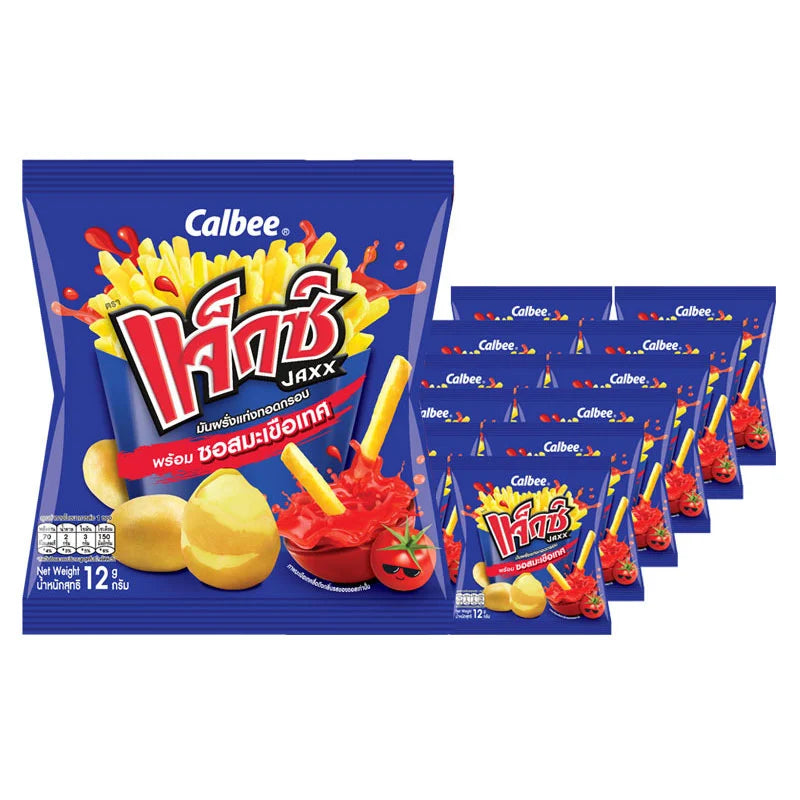 JAXX Crispy Potato Snack with Tomato Ketchup flavor, 12g pack, showing golden fried potato chips with ketchup dipping sauce