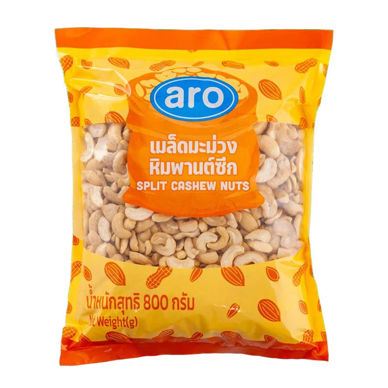 Close-up of ARO Split Cashew Nuts in an 800g package, showing whole and split cashews with a light natural color.