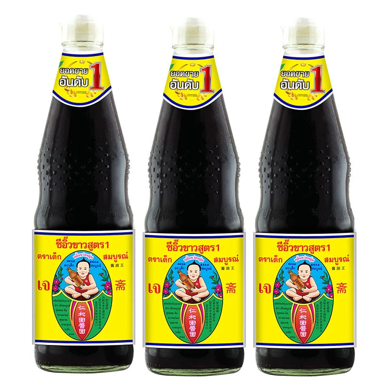 Three bottles of DEK SOM BOON Soy Sauce Formula 1, 700 ml each, featuring dark soy sauce with traditional packaging.