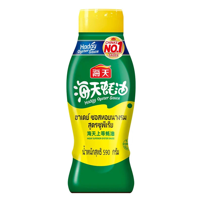 HADAY Superior Oyster Sauce in 590g bottle, dark savory sauce with oyster ingredients and label, on a white background.
