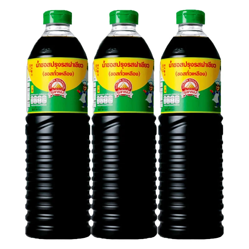 Three 1L bottles of Golden Mountain Seasoning Sauce with green caps, featuring clear labels and golden sauce inside.